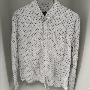 Express Men's White Button-Up Shirt with Black Micro Pattern Large